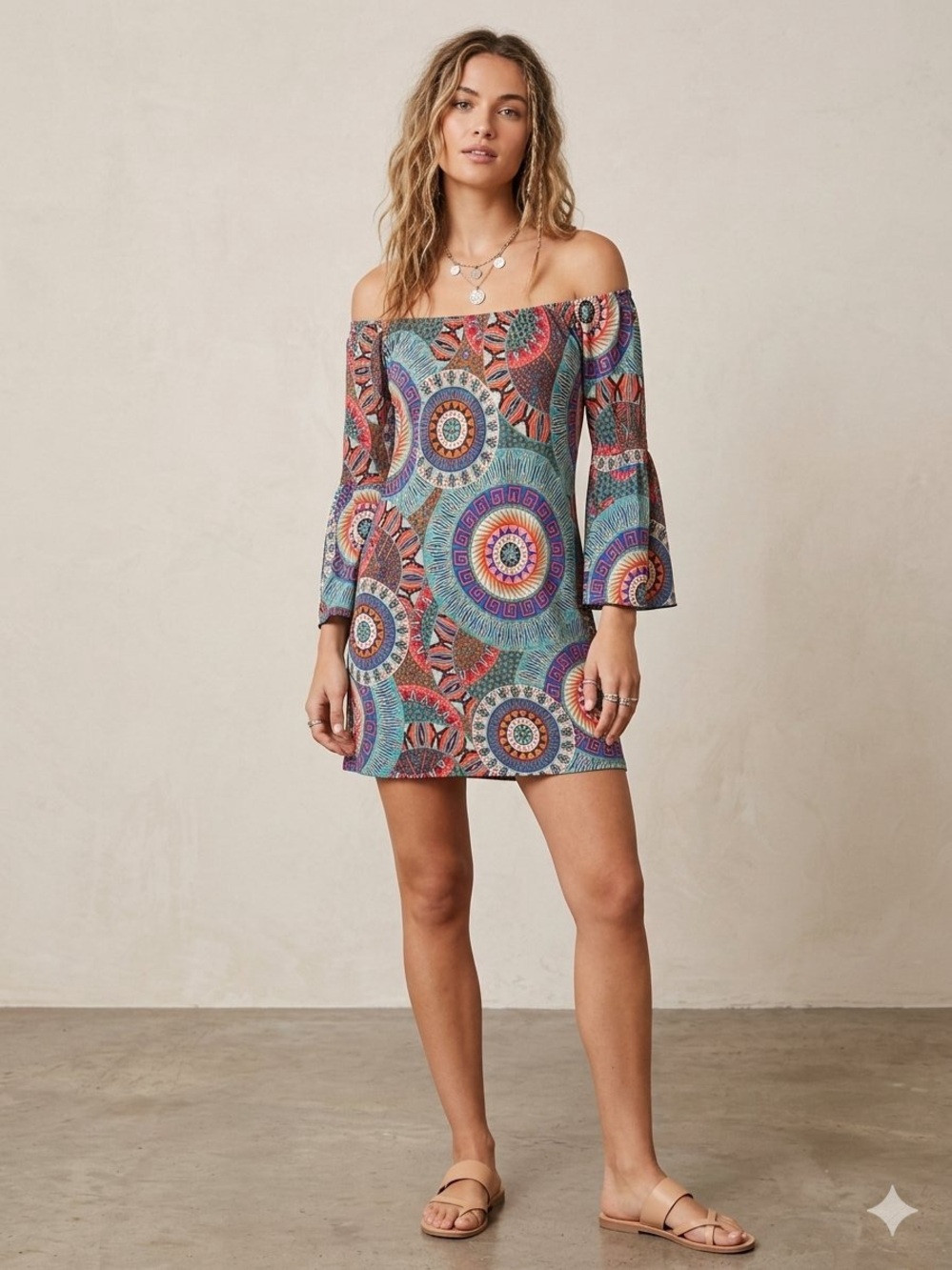 By Together Boho Teal Multicolor Off-Shoulder Printed Mini Dress